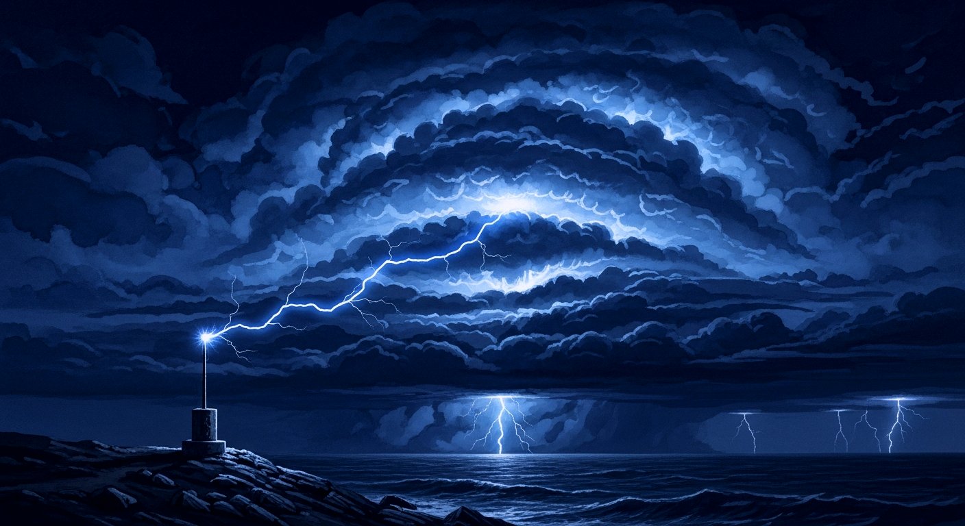 A lone lightning rod on a coastal cliff, struck by a bolt from a vast stormy sky